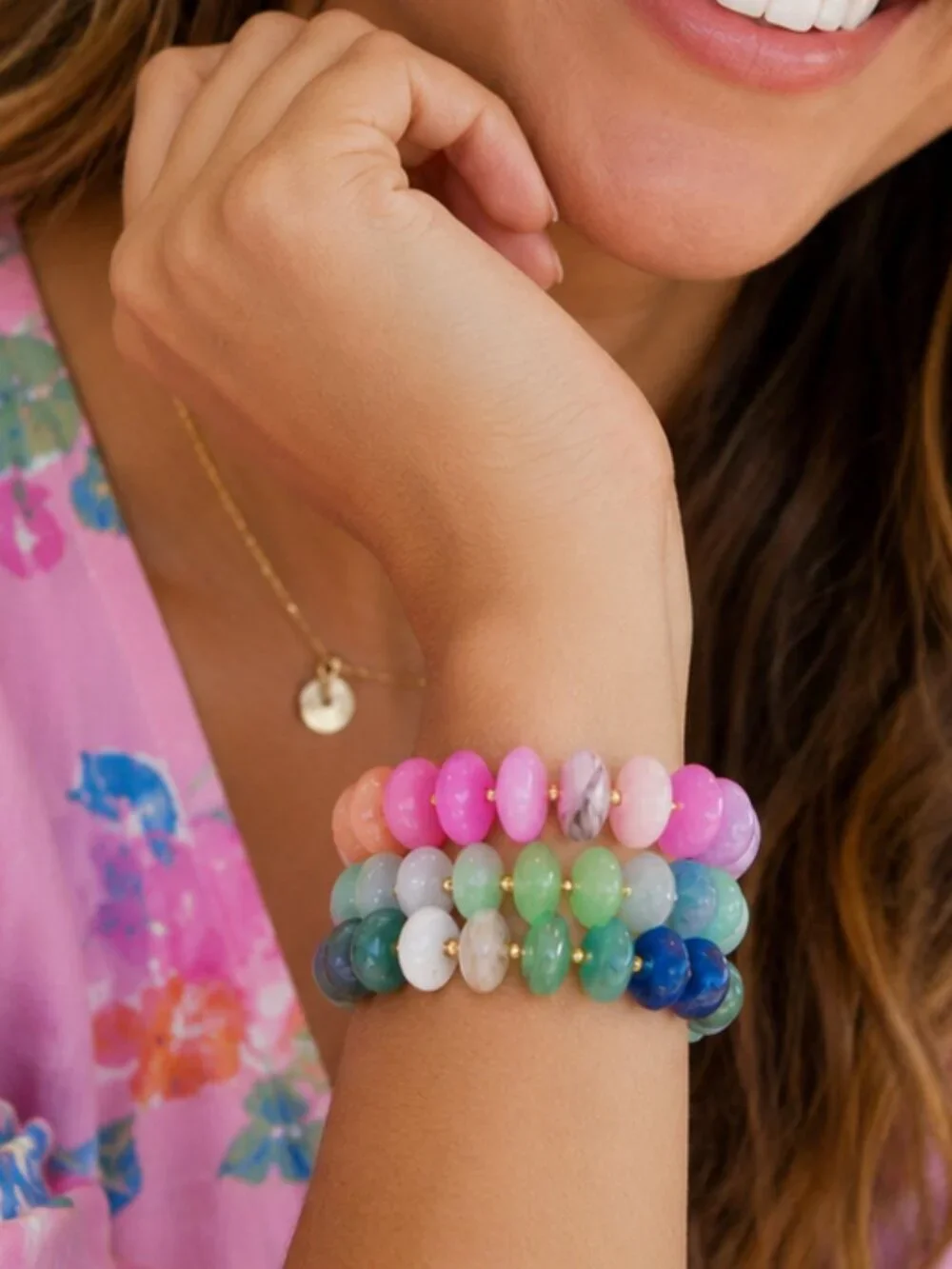 Oval Disk Resin Beads Ombre Mixed Stretch Bracelet